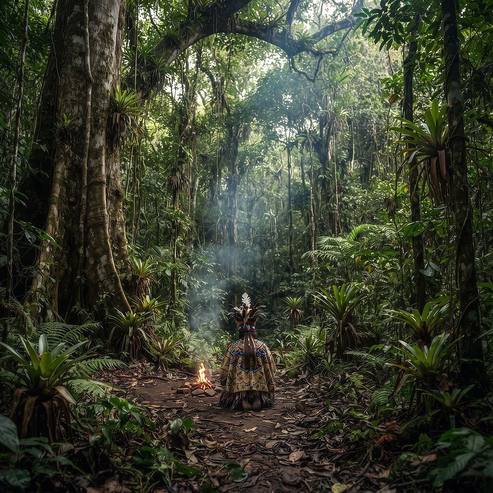 Illustration conceptuelle de la forêt amazonienne primaire avec un chaman minuscule vu de dos, face à l'immensité écrasante de la jungle.