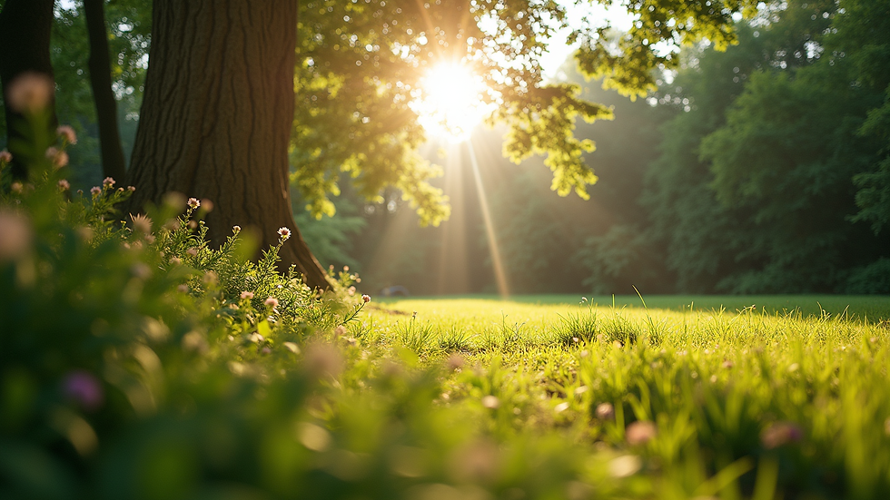 Eye-level view of a peaceful garden with sunlight filtering through trees