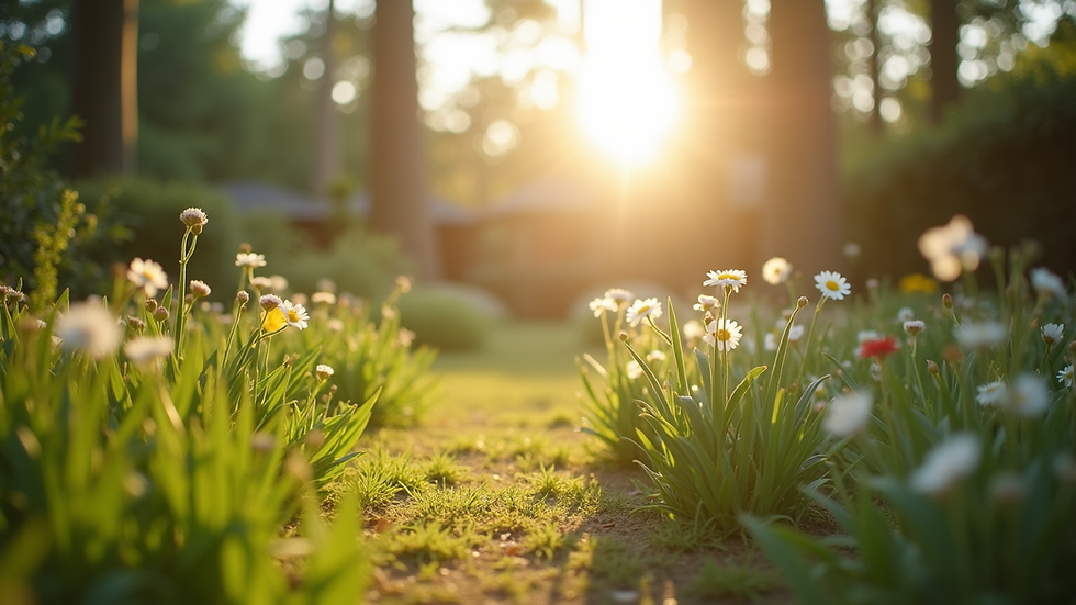Eye-level view of a serene garden with soft morning light