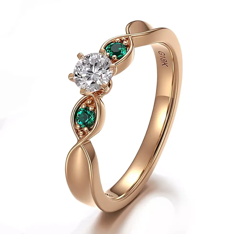 Round diamond three-stone ring with coloured gemstone side stones