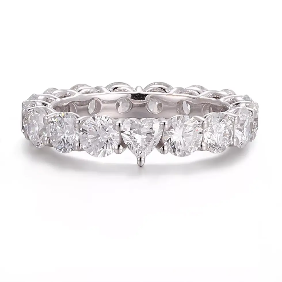 Heart and round diamond eternity band in white gold, front view