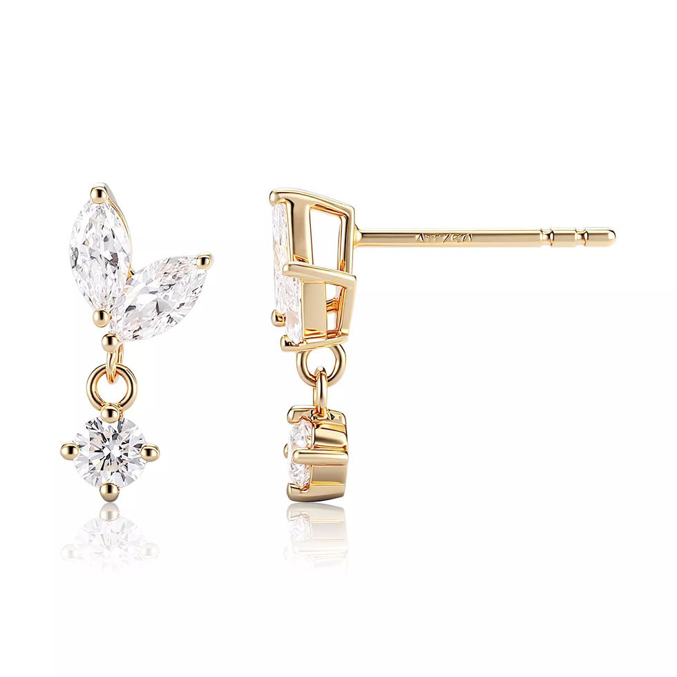 Marquise and round lab diamond drop earrings in yellow gold, front and side view