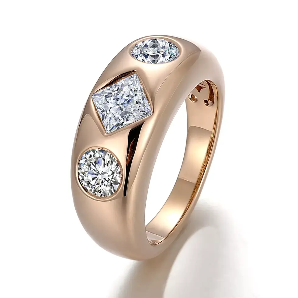 Bezel-set princess and round cut lab diamond band with three stones in yellow gold