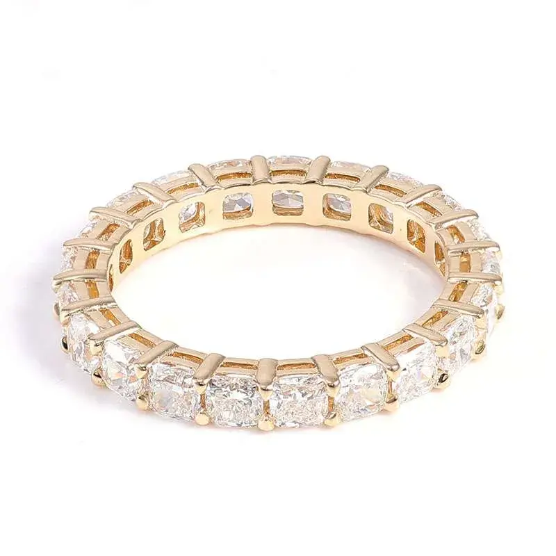 Cushion cut diamond full eternity wedding band in yellow gold