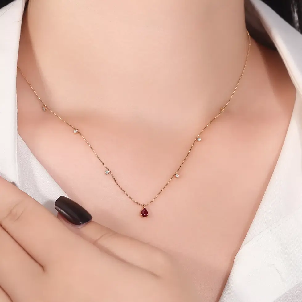 Adjustable gold ruby diamond necklace on model