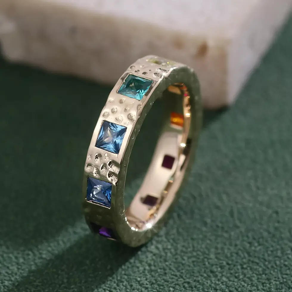 Multi-colour sapphire eternity band flush-set in gold