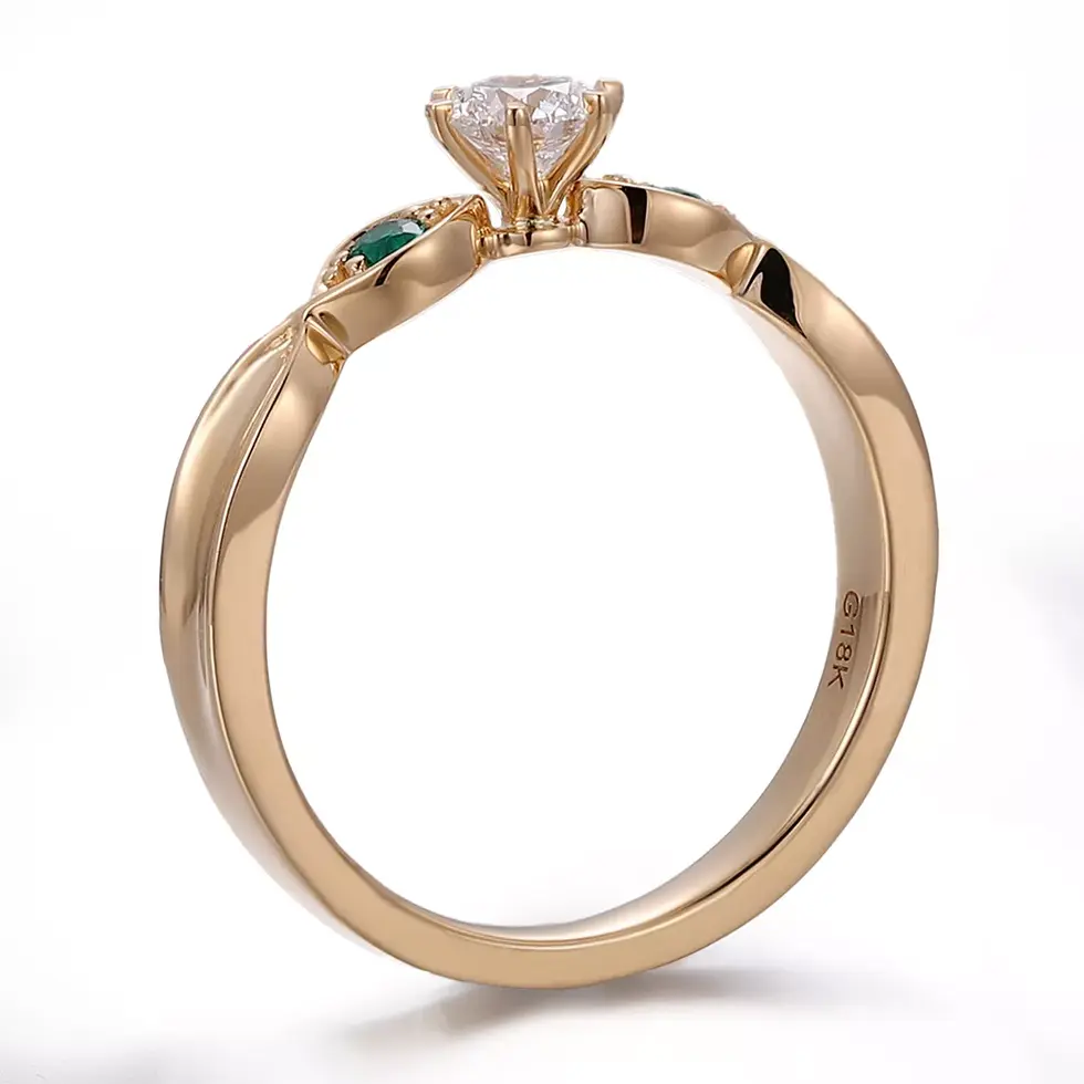 Side view of diamond ring with emerald sapphire or ruby accents