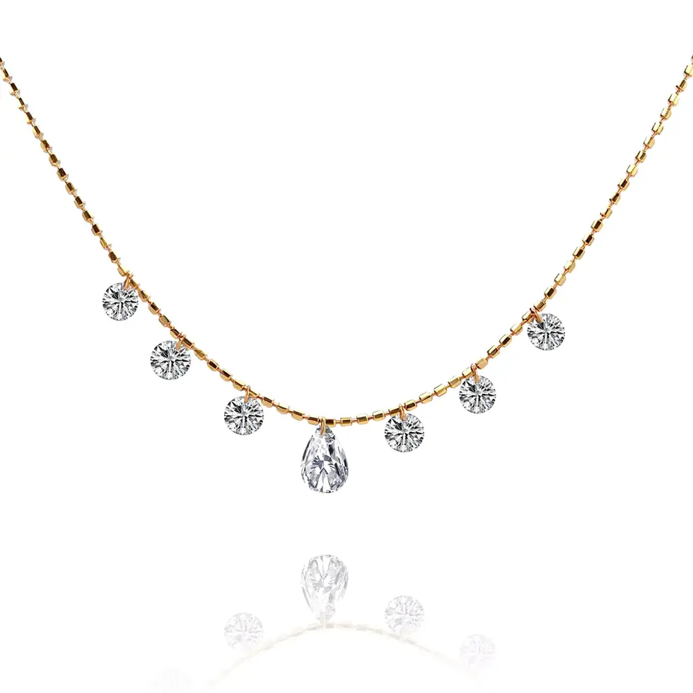 Graduated diamond drop necklace with pear-cut center