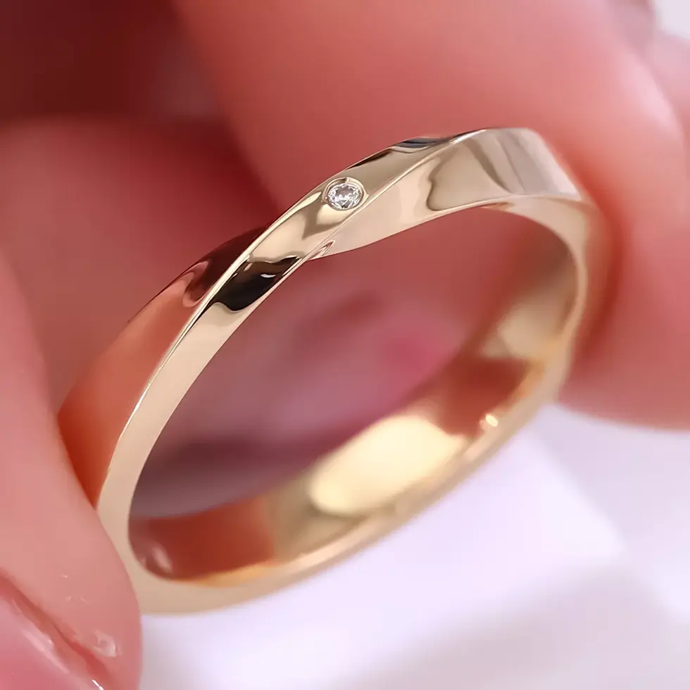 modern minimalist gold wedding ring on hand