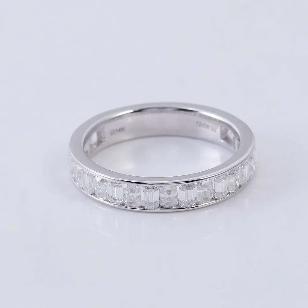 Emerald cut and radiant cut diamond eternity band channel set in gold