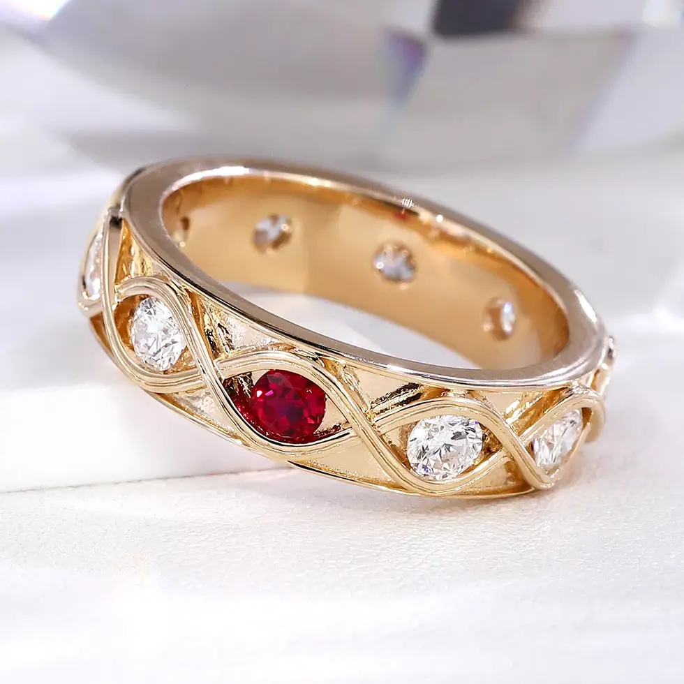 Vintage alternating ruby and diamond band in yellow gold, 6mm wide