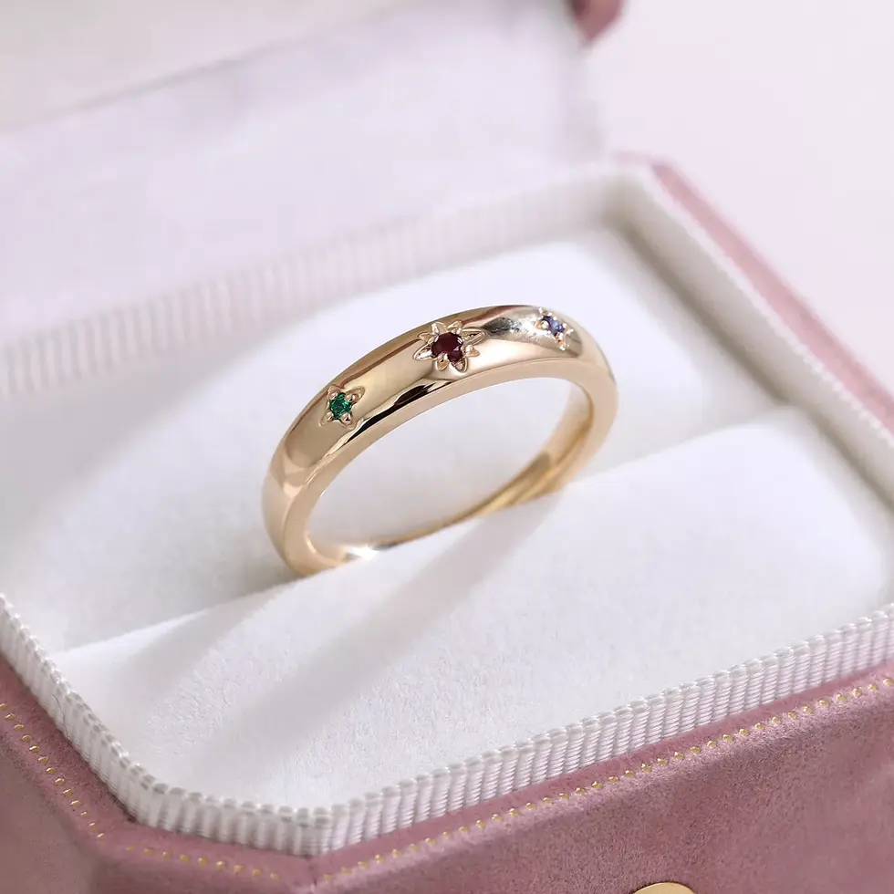 three stone gemstone ring ruby emerald sapphire solid gold