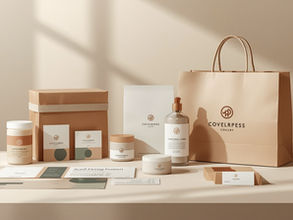 Brand guidelines booklet with coordinated logos, color palettes, typography, business cards, and packaging mockups.