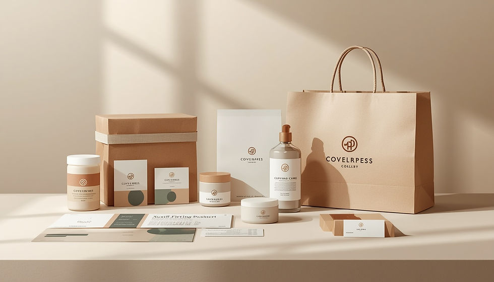 Brand guidelines booklet with coordinated logos, color palettes, typography, business cards, and packaging mockups.