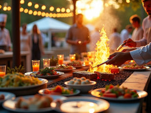 Outdoor summer catering event with chefs grilling meat over open flames, surrounded by seasonal salads, fresh dishes, and glowing string lights at sunset.