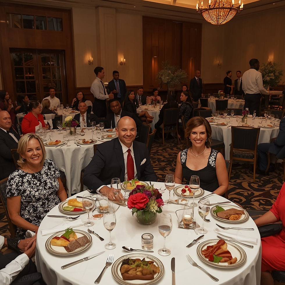 Professional catering creates an elegant dining experience for guests at a charity gala and fundraising event.