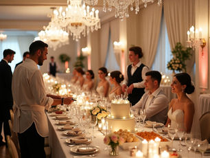 Luxurious indoor wedding reception with elegant chandeliers, uniformed catering staff serving guests, a smiling bride at a candlelit banquet table, and a tiered white wedding cake with floral decorations