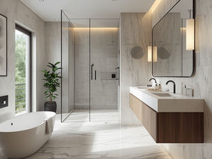 Modern luxury bathroom design featuring marble-look tile, frameless glass shower, floating vanity, and freestanding tub in a budget-friendly spa-inspired renovation.