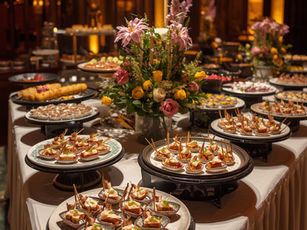 Elegant catering buffet table with gourmet appetizers and floral arrangements at a luxury event in New Jersey.