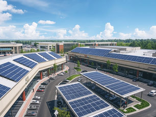 Aerial view of retail shopping center with rooftop solar panels and solar carport parking generating renewable energy