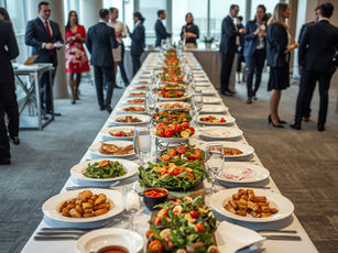Elegant corporate luncheon setup with gourmet dishes and professionals networking in New Jersey.