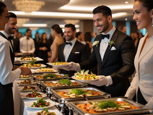 Professional buffet catering service at a corporate event with elegant food presentation and experienced servers by David Alan Caterers in New Jersey