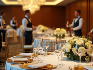 Luxurious indoor wedding reception setup with full-service catering team, featuring elegant white floral centrepieces, gold chargers, and professional waitstaff.