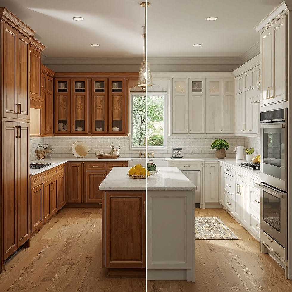Side-by-side comparison of framed and frameless kitchen cabinets in a modern kitchen remodel featuring white and wood cabinetry with quartz countertops.