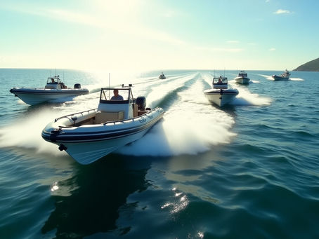 A fleet of modern inflatable RIB boats speeding across calm coastal waters, showcasing performance, control, and safe boating practices.