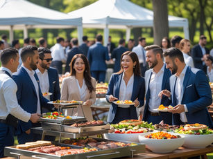 Corporate picnic catering buffet with employees enjoying an outdoor company event in New Jersey featuring BBQ, fresh salads, and full-service catering.