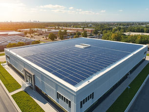 Large commercial building with a full rooftop solar panel system generating clean renewable energy.