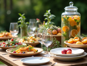 Eco-friendly backyard party table with gourmet salads, citrus drinks, and elegant catering setup.