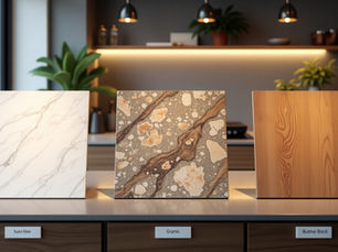 Three countertop material samples—white veined quartz, patterned natural granite, and warm wood butcher block—displayed in a modern kitchen showroom.