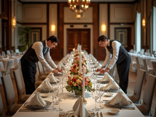 Elegant banquet table setup by professional caterers in a luxury event hall, featuring floral centerpieces, fine dining tableware, and staff preparing for a corporate or wedding catering event.