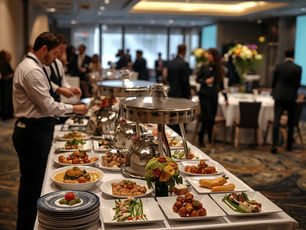Corporate buffet catering setup with gourmet dishes and servers at a professional office event