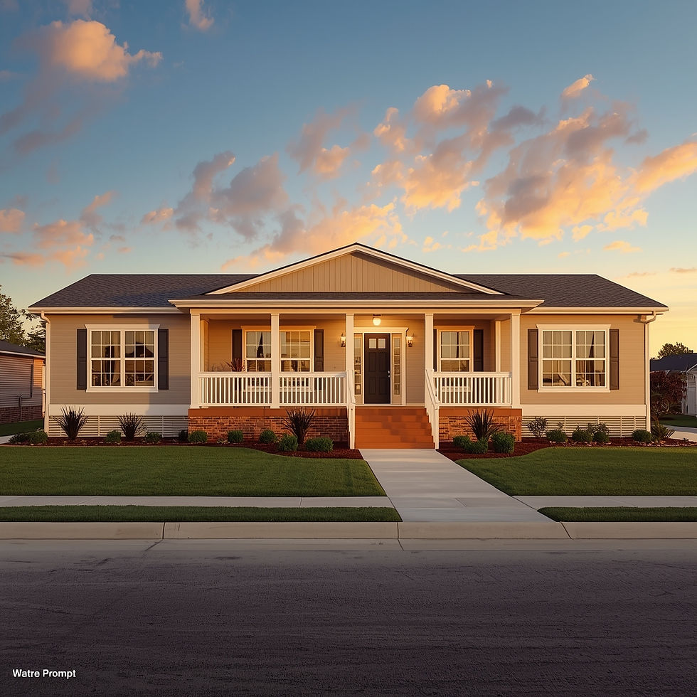 Modern manufactured home exterior in Texas showcasing affordable luxury, energy-efficient design, and spacious front porch at sunset.