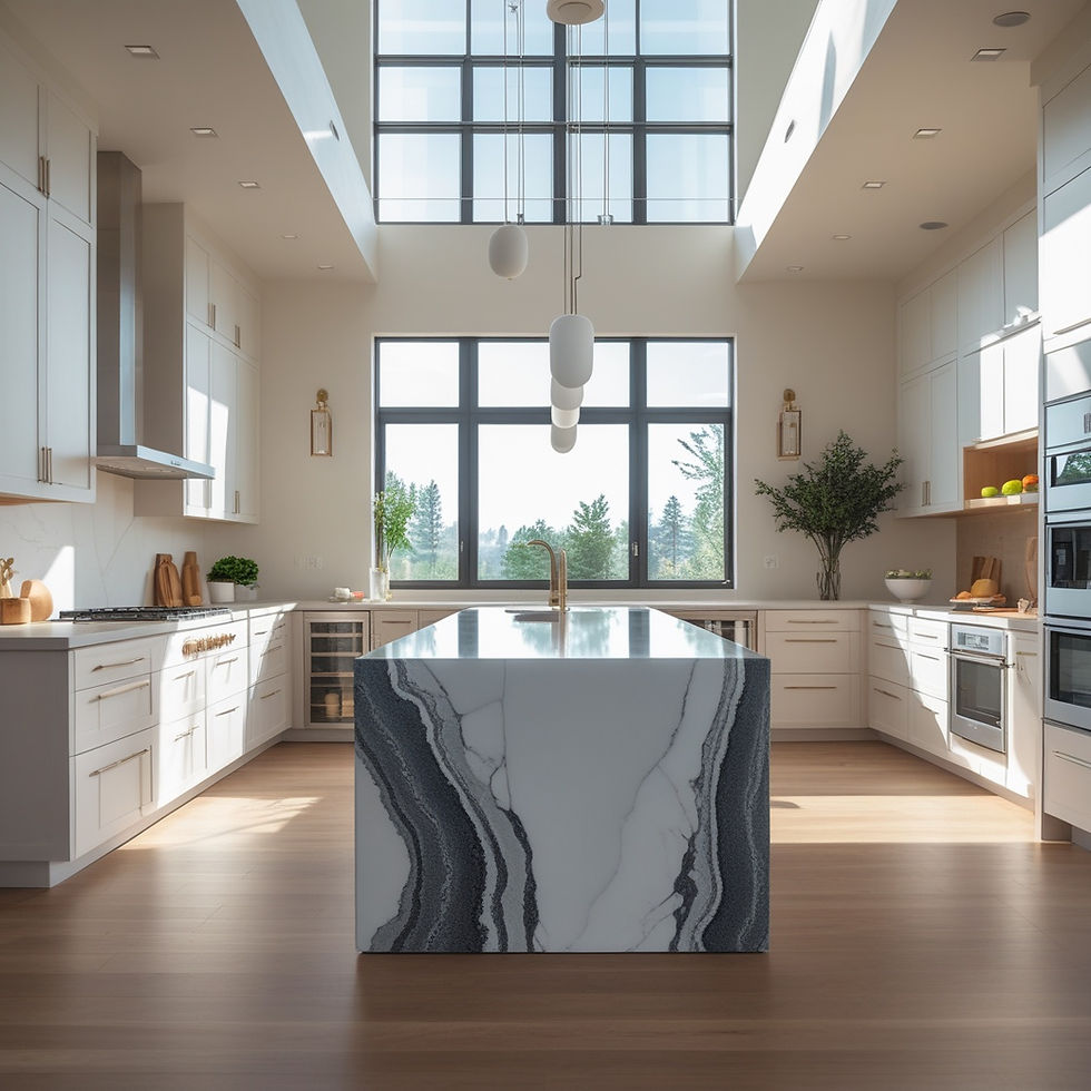 Modern kitchen featuring a quartz waterfall countertop island with white cabinetry, large windows, and contemporary finishes during a luxury kitchen remodel.
