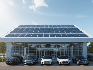 Modern car dealership with solar panels on the roof and a lineup of electric vehicles parked outside, representing clean energy adoption in the automotive industry.