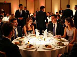 Corporate catering NJ event with professionals enjoying a formal plated dinner service at a round table during a business gala.