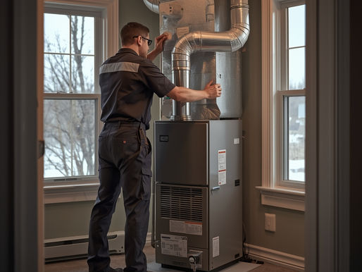 HVAC technician installing a modern residential heating system inside a New Jersey home during winter