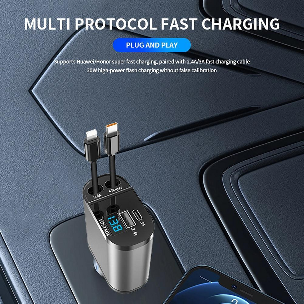 Thumbnail: Retractable Car Charger 4 in 1 Fast Car Phone Charger 120W With USB Type C Cable