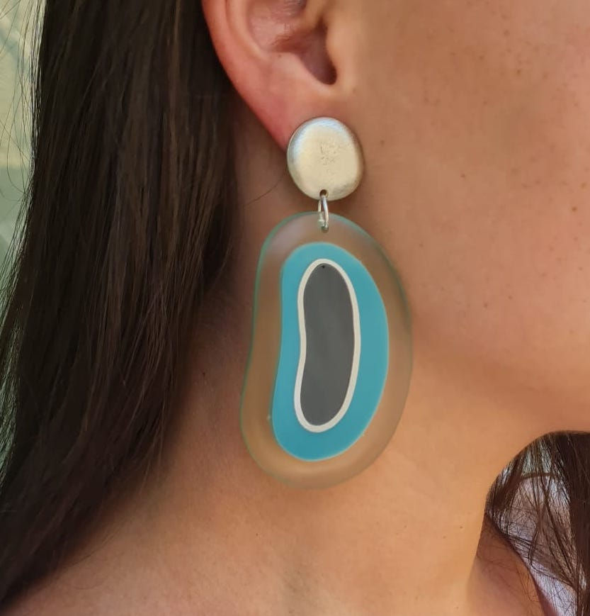 Thumbnail: Teal Blue Geometric Clip On Statement Earrings