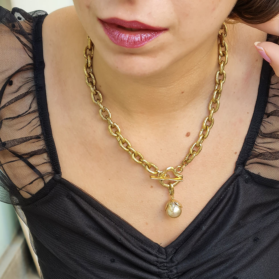 Thumbnail: Drop Pearl Links necklace, Brass Chain with Pearl Pendant Set