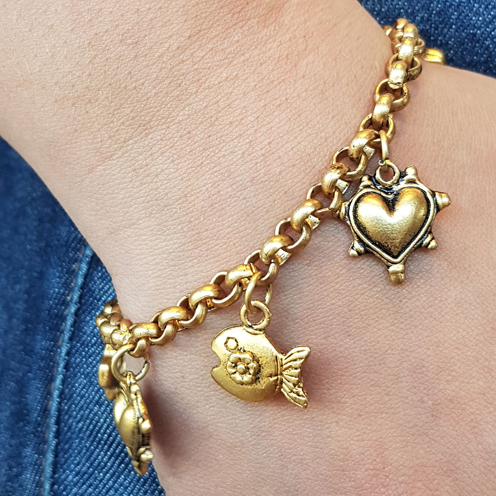 Thumbnail: Antique Gold Charms Bracelet, Chunky Antique Silver, Gold Heart Toggel Brecelet