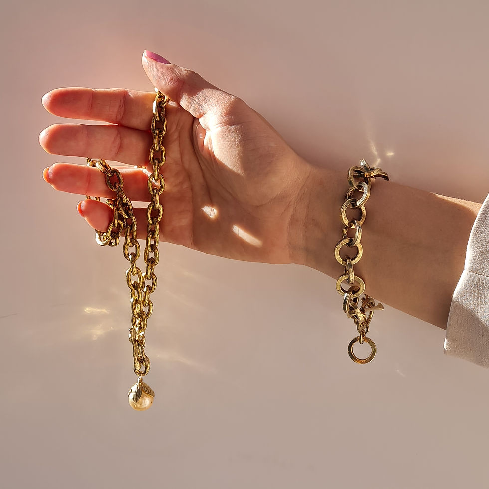 Thumbnail: Drop Pearl Links necklace, Brass Chain with Pearl Pendant Set