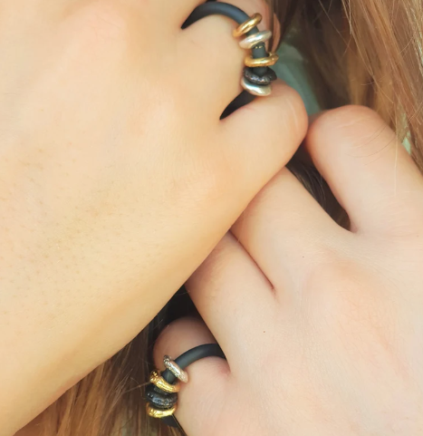 Thumbnail: Dainty Band Black Ring for Woman, Silicon Ring Woman, Rubber Ring women, Gold &