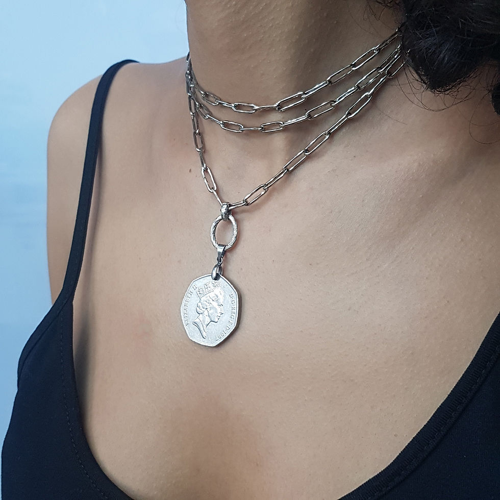 Thumbnail: Long vintage silver link chain with antique coin pendant
