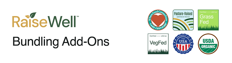 RaiseWell logo with green leaf above "Bundling Add-Ons" text. Six certification icons include USDA Organic, Care, VegFed, and more.