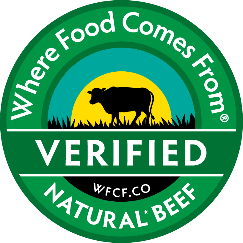 Green circular badge with cow silhouette and sun, reading Where Food Comes From, VERIFIED, Natural Beef, WFCF.CO.
