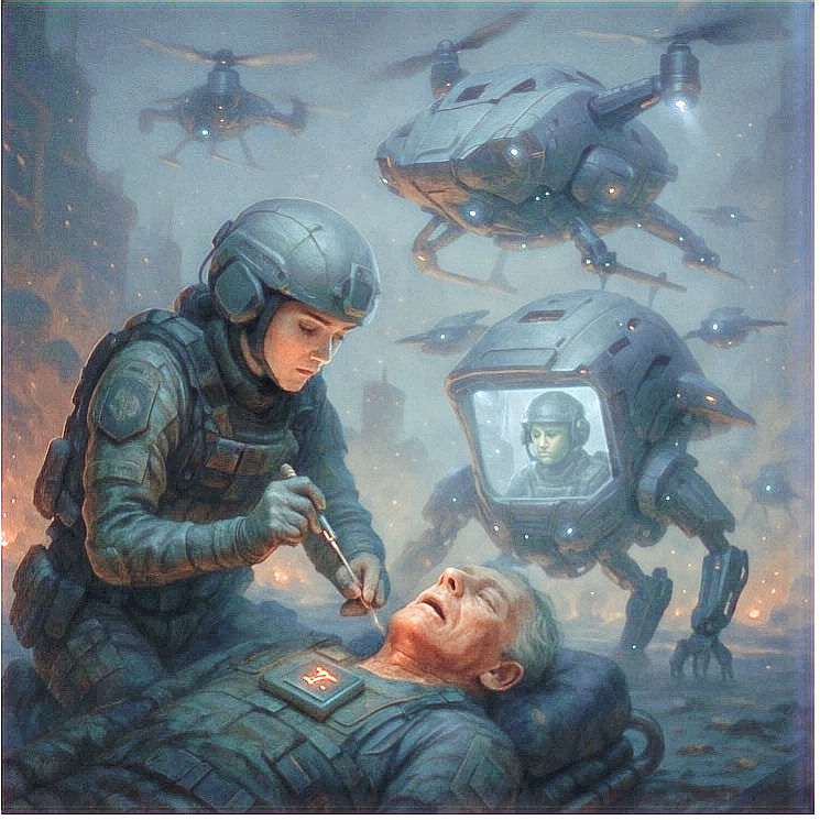 In a futuristic battlefield setting, a medic tends to an injured soldier, surrounded by advanced drones providing support and surveillance.